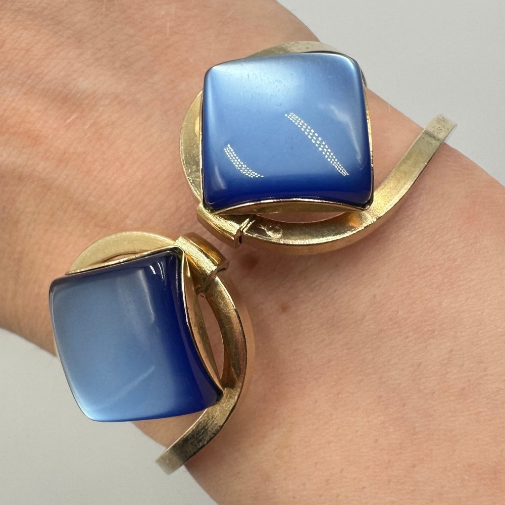 Vintage Blue Moonglow Lucite Gold Tone Bypass Cuff Bracelet MCM